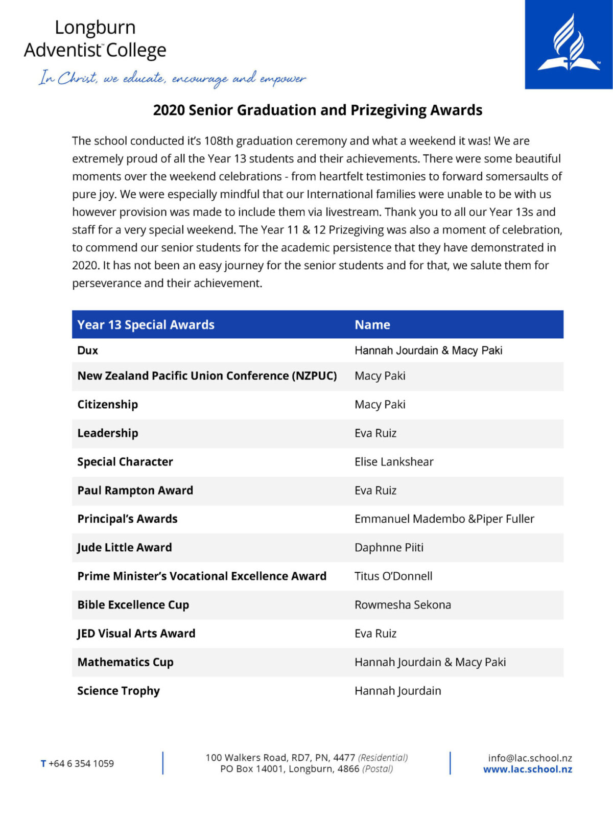 2020 Senior Graduation and Prizegiving Awards